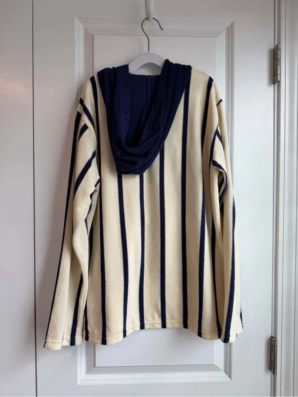 J. Crew Crewcuts Kids Hooded Pullover Towel Terry Cream Blue Stripes NWT Size XL